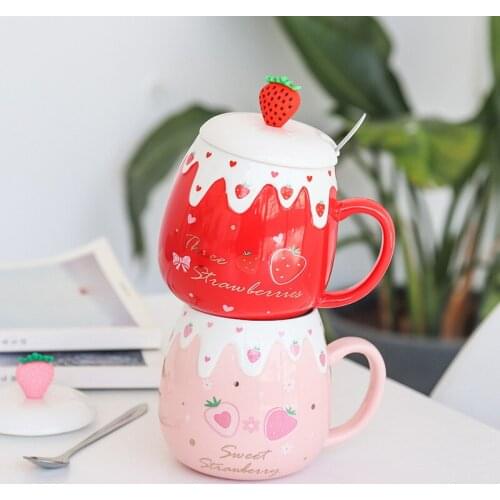 Korean lovely strawberry ceramic cup creative girl heart student water cup office spoon big belly mark cup