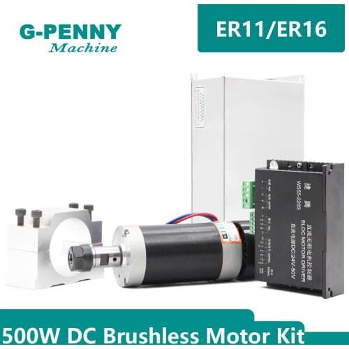 CNC DC Brushless Motor kit 500w ER11 ER16 Air cooling 55mm no brush motor with Driver can Compatible with / without hall motor