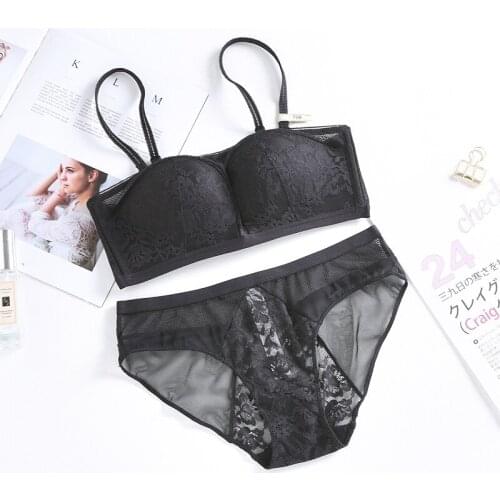 French 1/2Cup Lace Embroidery Underwear Set Thin Cup Bralette Push Up Brassiere Sexy Lace Lingerie Transparent Bra And Panty Set