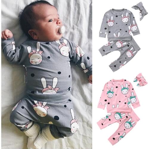 3Pcs Outfit Baby Boys Girl Clothes Rabbit Printed Long Sleeve T-shirt Top+Pants Trousers Headband Set Baby Casual Tracksuit