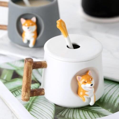 Creative Ceramic Mug With Lid and Spoon Kawaii Shiba Inu Coffee Milk Mugs Cute Home Couple Breakfast Cups Gift for Xmas Girls
