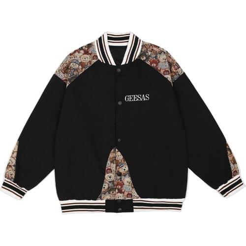 LACIBLE Hip Hop Harajuku Streetwear Jacket Patchwork Embroidery Bear Jacket 2021 Autumn Men Casual Pockets Bomber Jacket Coat