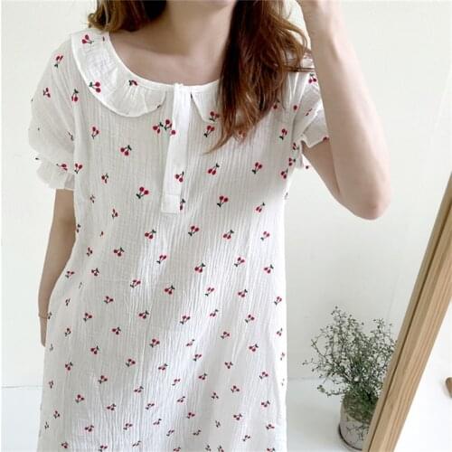 Cherry Print Summer Nightgown Women O-Neck Short Sleeve Kawaii Casual Cotton Long Sleepwear Loose Sweet Ins Home Clothes