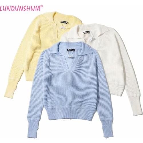 LUNDUNSHIJIA 2021 New Spring Loose Sweater Women Lapel Long Sleeve Knitting Pullover Tops Minimalist Style Sweaters