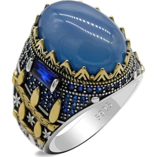 New Natural Agate Stone Ring 925 Silver Mens Ring Turkish Trend Fashion Auspicious Vintage Wedding Ring