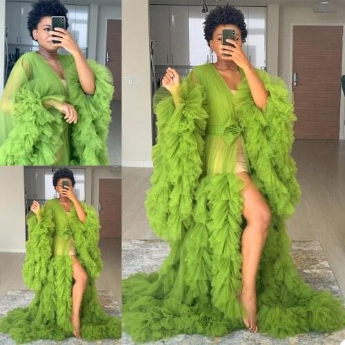 Tender Green Maternity Dress for Photoshoot Tulle Bathrobe Sexy Sheer Full Sleeve Prom Dress vestido de fiesta abiye kaftan