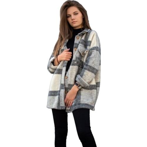 2020 Fall/Winter Womens Jacket Long Sleeve Lapel Loose Plaid Casual Jacket High Street Female Manteau Femme Wm