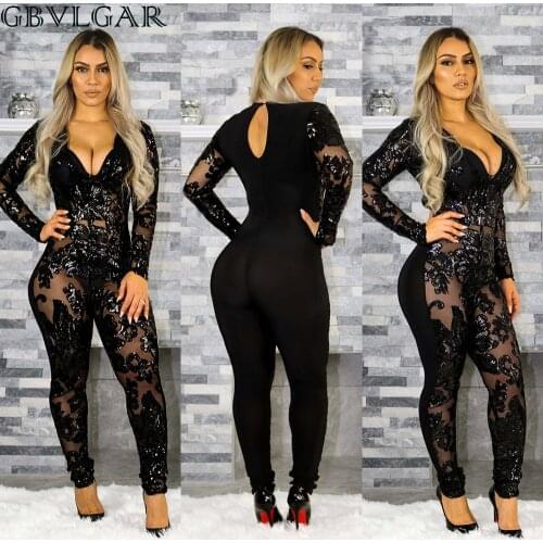 Autumn Sexy Deep V-neck Sequin Jumpsuit Full Sleeve See Through Bodycon Romper For Women 2020 Solid Black Color Plus Size 3XL