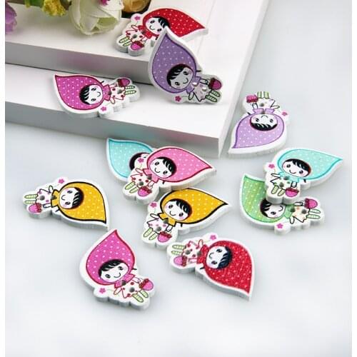2 Holes Mixed Wooden Button Kawaii Girl Pattern Scrapbook Craft Buttons Mix 50pcs Garment Botoes Accessories 30*19mm