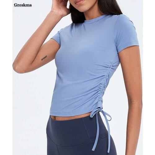 Side Drawstring Yoga Shirt Women Short Sleeve Fitness Gym Tops Clothing Outdoor Sportswear Training Tights Ropa Deportiva