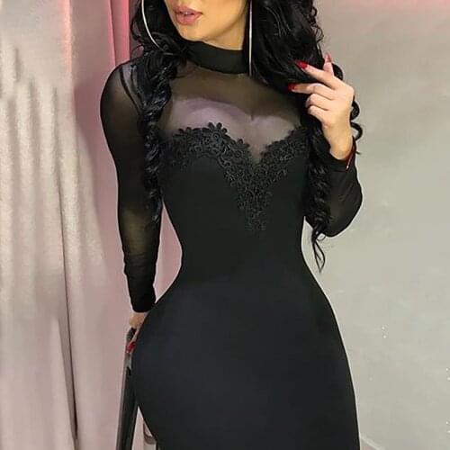Sexy Women Lace Patchwork Dress See Through Mesh Bandage Bodycon Long Sleeve Female Party Clubwear Mini Skinny Dress