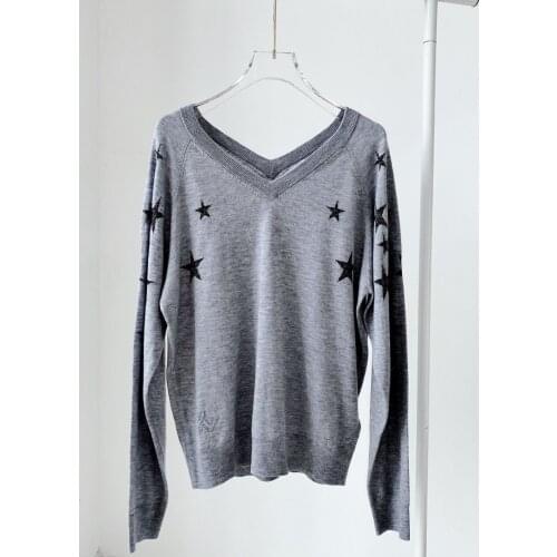 Woman gray100% Cashmere sweater Contrast Stars Embroidered V-neck Long Sleeves 2022 Autumn Winter Sweaters
