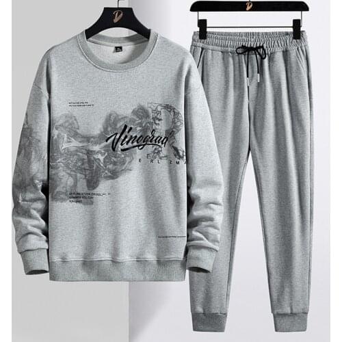 Spring Autumn Black Grey Hoodie Tracksuit Men Streetwear Crewneck Sweatshirt+Pants 2 Piece Sets Male Cotton Jogging Sweat Suits