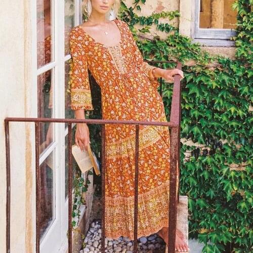 GypsyLady Vintage Floral Maxi Dress Orange Boho Summer Holiday Dresses for Women Button Front Sexy Chic Ladies Female Dress 2021