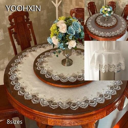 High quality Lace satin round Embroidered beige table cover cloth towel Christmas wedding dining tablecloth placemat decor