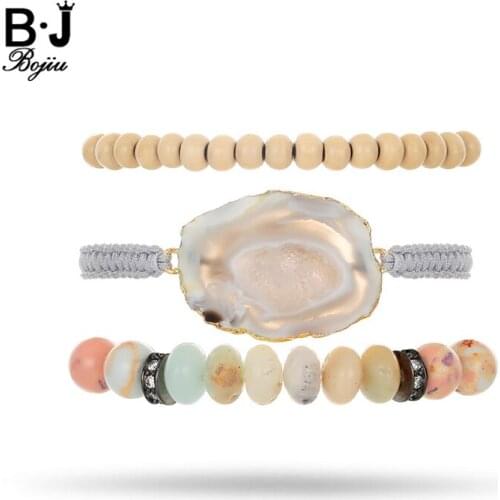 BOJIU Fashion Natural Druzy Bracelet Sets For Women Round Beige Beads Natural Stone Bracelet Femme Best Gift Bracelet BCSET68