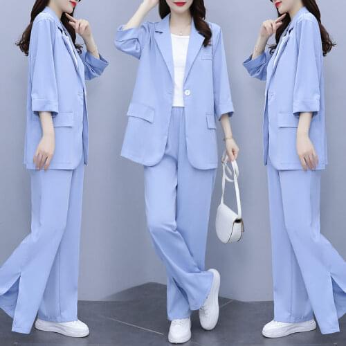 Plus Size Womens 2021 Summer New Fashionable Small Suit Thin Jacket Casual Loose Blazer And Pants Two Piece Set Outfit zh992