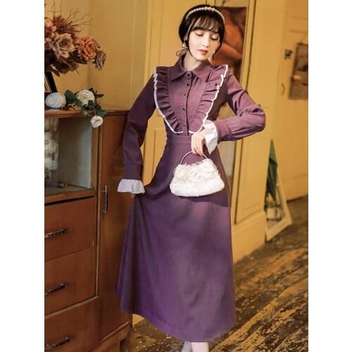 Summer New Style Retro Womens Clothes British Style Girlish Temperament Show Thin Shirt Collar Long Sleeve Flounces Long Dress