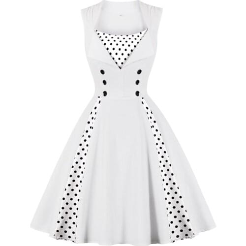 50s 60s 40s Square Neck White Elegant Double Breasted High Waist A Line Dress Polka Dot Women Rockabilly Vintage Dresses Cotton