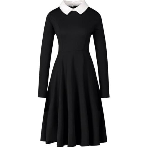 Women Dress Elegant Work Vintage Black Dress Casual Long Sleeve A Line Party Club Swing Dress Plus Size Vestidos