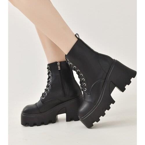 Spring Autumn Lace Zippers Womens Boots Round Toe Thick Platform Mediumn Heel Patent Leather Ankle Solid Large Shoes For Women