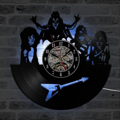 KISS Rock Band Hollow Record Clock Personalized Design LED Lighting Creative& Antique Vinyl Record Wall Clock With 7 Clock