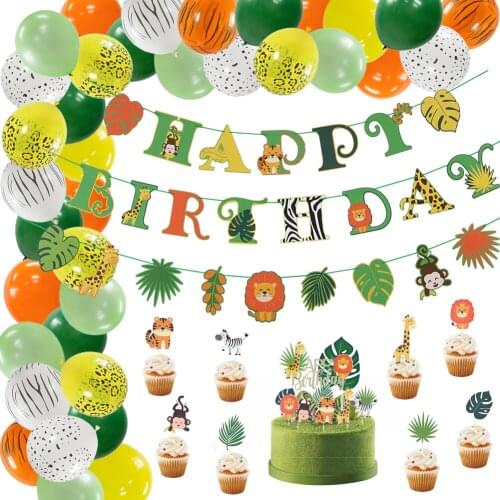 Jungle Animals Adventure Theme Birthday Decorations Set Kids Safari Party Favors Happy Birthday Banner Balloons Cake Toppers Kit