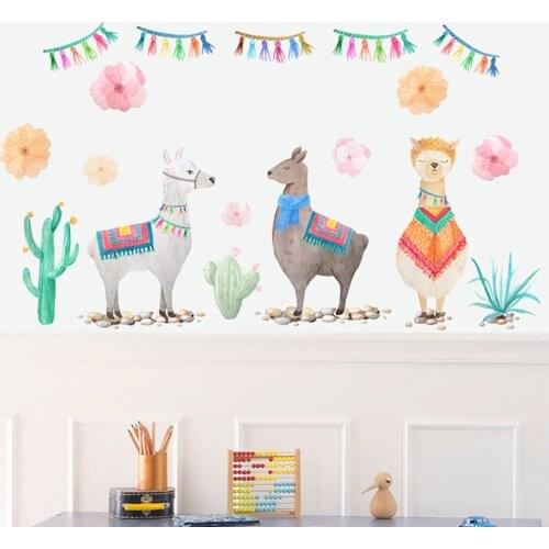 Hot Cartoon Animals Alpaca Llama Wall Stickers Beautiful Cactus Plant Decals for Living Room Music Birthday Party Theme Gift