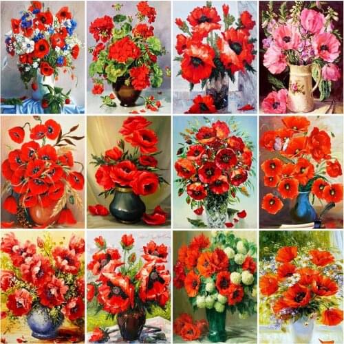 HUACAN Oil Painting Poppy Flower Kits Handpainted Picture By Number Vase Drawing On Canvas Home Decoration DIY Gift