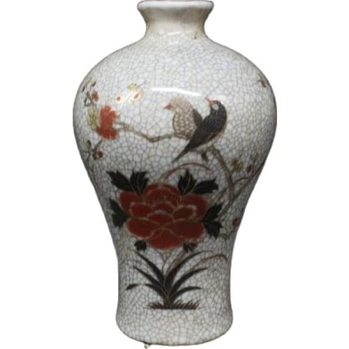 Chinese old porcelain Cracked glaze Painting Golden Peony Flowers and Birds vase