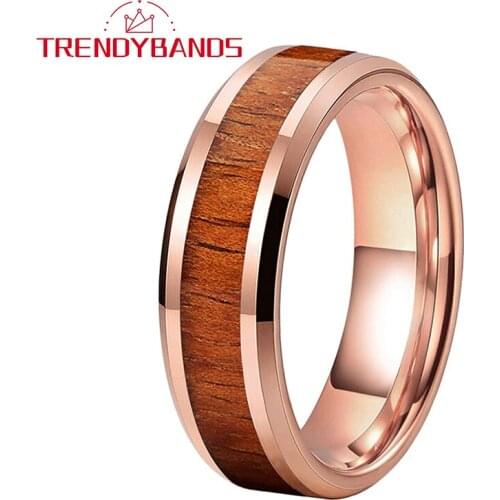 6MM Rose Gold Tungsten Carbide Rings For Men Women Wedding Band Wood Inlay Beveled Edges Polished Shiny