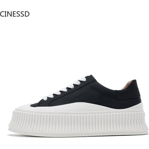 Genuine Leather Women White Shoes Cow Leather Platform Sneakers Vulcanized Shoes Real Leather Height Increasing Breathable Shoes