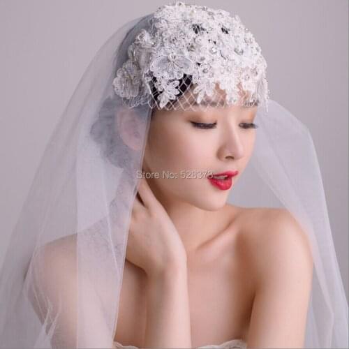 YNQNFS V24 Real Hair Decoration Crystal Pearls Beaded Lace Facial Veil Short Wedding Veil Birdcage Vintage Blusher Bridal Veil