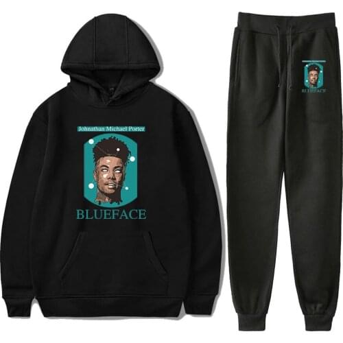 Hot Sale BlueFace Autumn black Hoodies Sweatshirt+Recreational Sweatpants Printed Rapper BlueFace casual Sport and Leisure suits