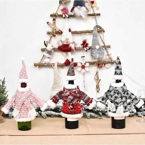 Cute Christmas Clothes Hat Wine Bottle Cover Drawstring Candy Cookie Gift Bag Champagne Packaging Cover Xmas Home Table Decor