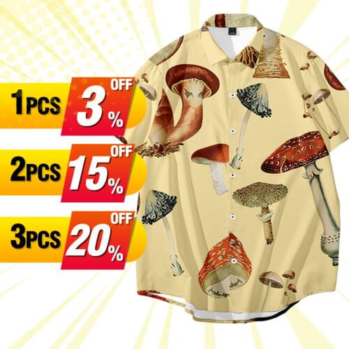 Large Plus Size Mens Shirt Creative Mushroom Pattern 3D Digital Printing Beach Vacation Loose Short-Sleeved Shirt for Men 6XL