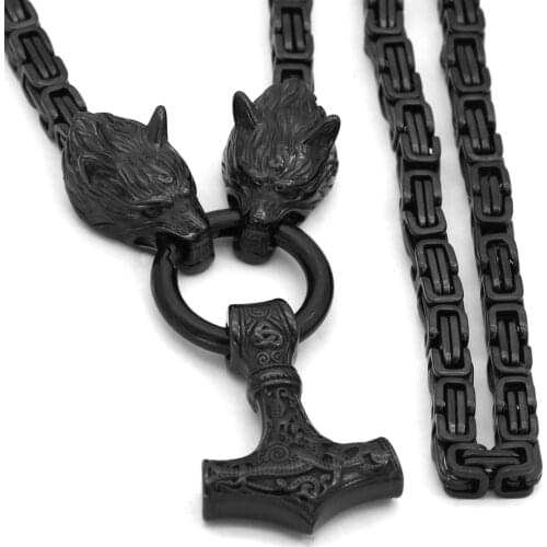 Men stainless steel Wolf head norse viking amulet thor hammer pendant necklace viking king chain