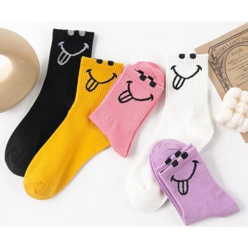 Kawaii Cartoon Sticking Tongue Out Women Socks Happy Classic Cotton Pink Funny Expression Color Harajuku Fashion Soft Cute Girls