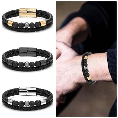 Charm Men Bracelet Rope Stainless Steel Magnetic Natural Stone Leather Beaded Braclet Volcanic Stone Bracelet Bangles Chain Gift