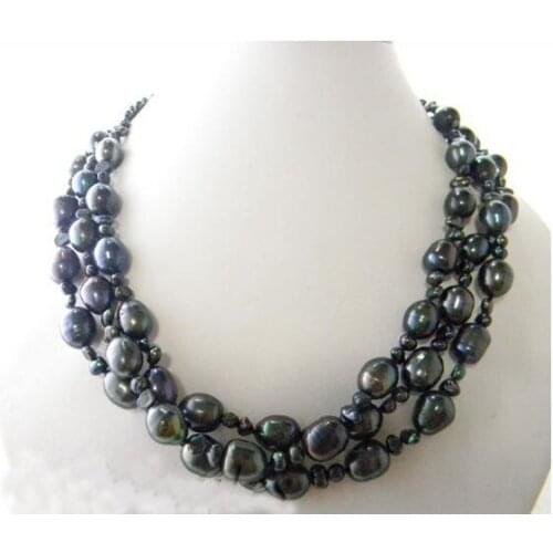 Charming Pearl Jewellery,3 Strands 19inches 4-10mm Black Rice Baroque Freshwater Pearl Necklace,New Free Shipping