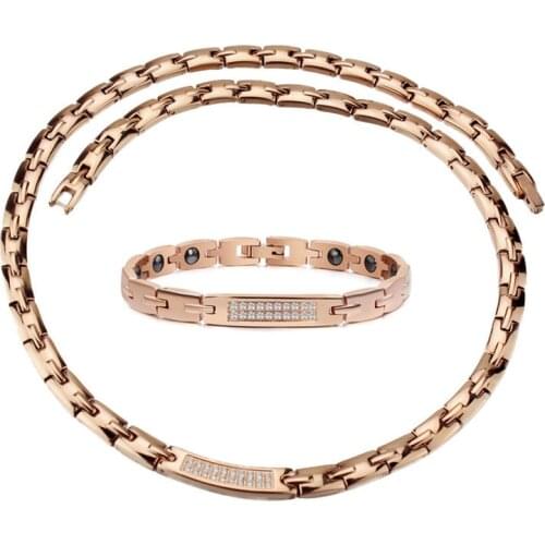 OKtrendy Magnetic Stainless Steel Link Chain Charm Bracelet with Crystal Stone Germanium Necklace Jewelry Set