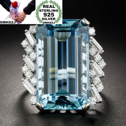 OMHXZJ Wholesale European Fashion Woman Man Party Wedding Gift White Blue Rectangle Topaz Zircon 925 Sterling Silver Ring RR83