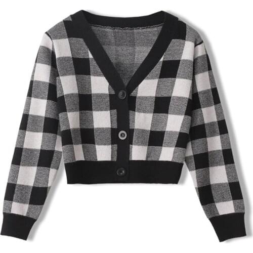 Autumn Women Soft & Warm Cardigan Vintage Stylish Striped Plaid Short Knitted Sweater Long Sleeve Korean Style Outerwear Femmes