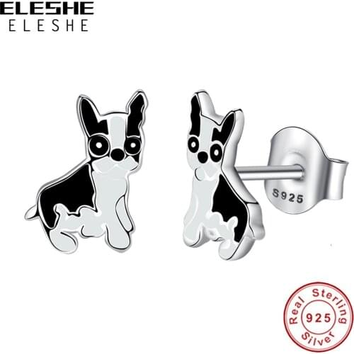 ELESHE Authentic 925 Sterling Silver with Black Enamel Animal Dog Stud Earrings For Women Party Dating Fine Jewelry