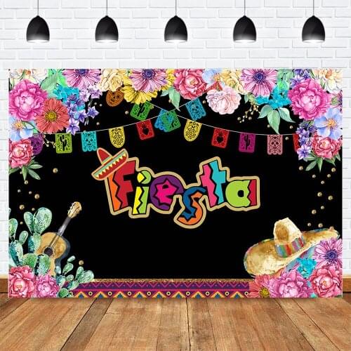 Fiesta Birthday Party Backdrop for Photography Mexico Newborn Baby Shower Photo Background Mexico Colorful Flowers Guitar Cap