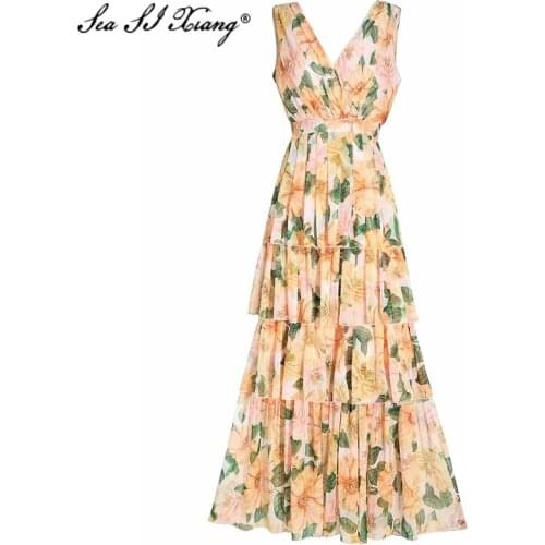 Seasixiang Fashion Designer Summer Maxi Dress Women V-Neck Sleeveless Floral Print Elegant Cascading Ruffle Floor-Length Dresses