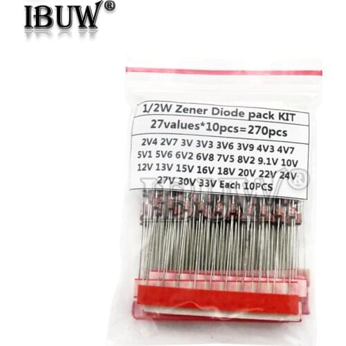 270PCS/lot 0.5W Zener Diode kit Assortment Set 1/2W 2V4-33V Zener Diode pack 12V 18V 5V1 5V6 3V3 3V6 4V3 4V7 6V2 6V8 7V5 20V 22V