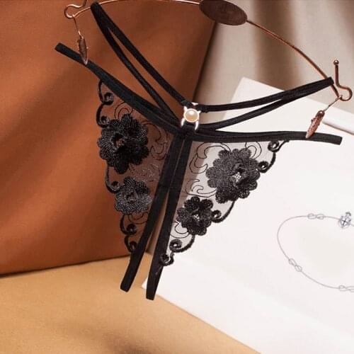 Beaded sexy thong embroidered hollow transparent mesh slit thong temptation low waist ladies panties hot G-String
