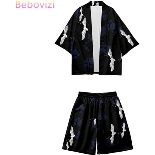 Traditional Crane Print Harajuku Black Kimono Shorts Sets Two-piece Suit Yukata Japanese Cardigan Women Men Cosplay Loose Haori