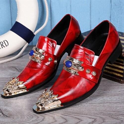 Christia Bella Genuine Leather Formal Men Shoes Metal Pointed Toe Men Dress Shoes Red Wedding Party Oxford Leather Shoe Footwear